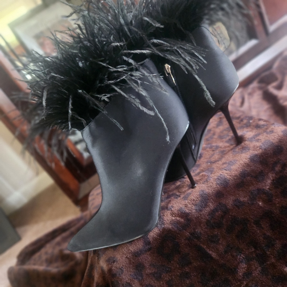 BLK Ostrich Feather and Satin Bootie